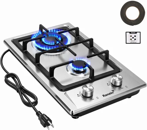 Ranein Cocina de gas de 12 pulgadas y 2 quemadores, estufa de gas convertible de G/LPG, acero inoxidable 304 con protección contra incendios por