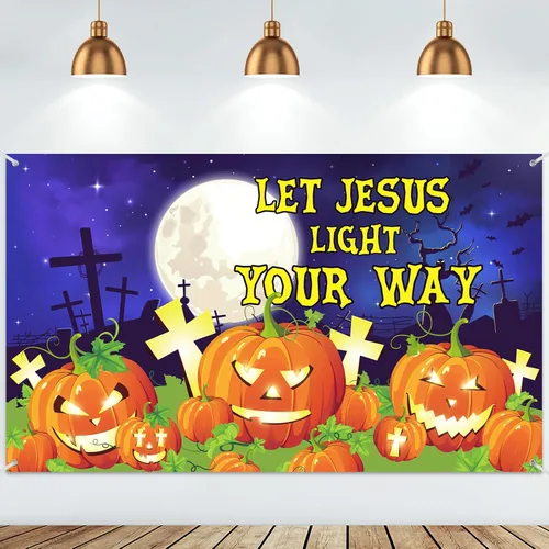 WovWeave Pancarta de fondo de calabaza cristiana de Halloween, decoración religiosa para tronco o golosinas, 72.8 x 43.3 pulgadas, deja que Jesús