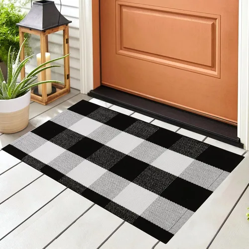 Miniatura 3 de uxcell Alfombra de cuadros de búfalo, alfombra para exteriores, tapete de puerta en capas, alfombras de algodón a cuadros, tapete para porche