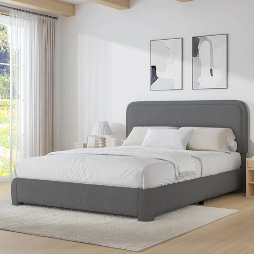 Miniatura 10 de BarnFurin Cloud Boucle - Base de cama de tamaño matrimonial, plataforma tapizada con cabecero, esquinas redondeadas suaves, no requiere somier, Beige