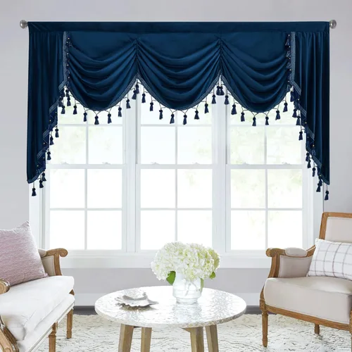 Miniatura 39 de StangH Cortinas decorativas de lujo, cenefa azul con bloqueo de luz, cenefa festoneada para ventana pequeña con bolsillo sólido para barra, cortina