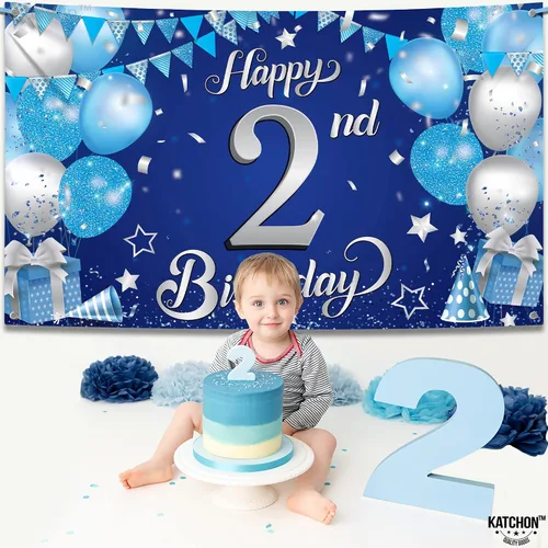 Miniatura 4 de KatchOn, Cartel azul de feliz cumpleaños número 2, Xtralarge, 72 x 44 pulgadas, decoraciones de segundo cumpleaños para niños y niñas, pancarta