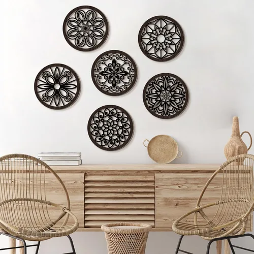 Miniatura 7 de Ferraycle 6 piezas gruesas rústicas de decoración de pared de granja, arte redondo de madera, decoración colgante hueco tallado para sala de estar