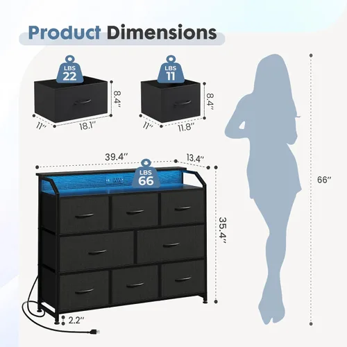 Miniatura 3 de DUMOS - Cómoda para TV con 8 cajones de tela, cómoda, color negro APP Control LED Lights and Type-C Charging Station, Fabric Storage Tower TV
