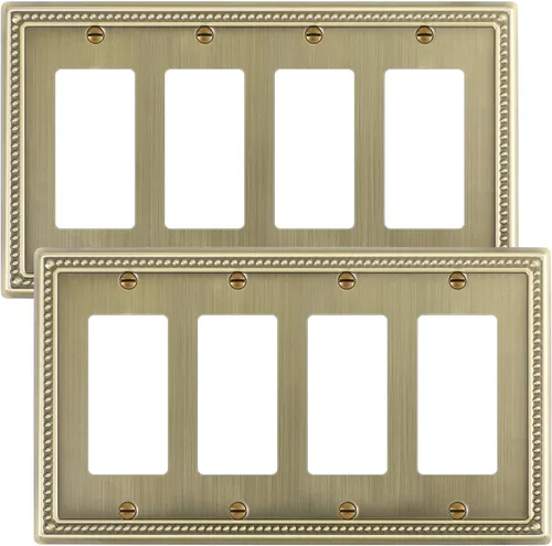 Miniatura 8 de Paquete de 2 placas de triple interruptor de luz de palanca, cubiertas decorativas de perlas, placa de pared de metal de 3 segmentos de latón Latón