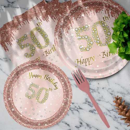 Miniatura 5 de Decoraciones de cumpleaños número 50 para mujer, platos de oro rosa, decoraciones de oro rosa, 96 platos de papel rosa y servilletas para niñas