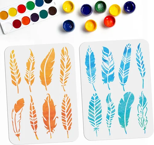 MAYJOYDIY Plantillas de plumas de 16 estilos de 8.3 x 11.7 pulgadas, plantillas de plumas decorativas, plantillas de dibujo de plumas bohemias para
