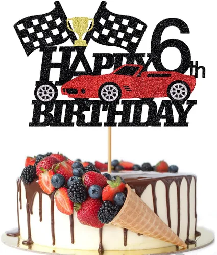 Miniatura 10 de Decoración de pastel de auto de carreras de 3 años, decoración de pastel de feliz tercer cumpleaños, auto de carreras, bandera a cuadros, rueda