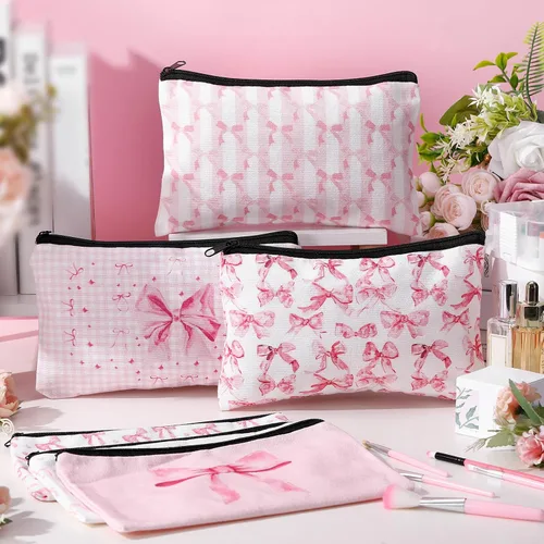 Miniatura 5 de Kacctyen 9 bolsas de maquillaje con lazo rosa para mujer, bolsa de cosméticos de coqueta a granel, bolsa de coqueta de regalo con cremallera