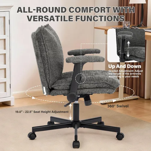 Miniatura 4 de Kassipo Silla de Oficina con Patas Entrecruzadas con Ruedas y Brazos Abatibles, Silla de Escritorio Tapizada con Diseño Entrecruzado, Sillas de Gris