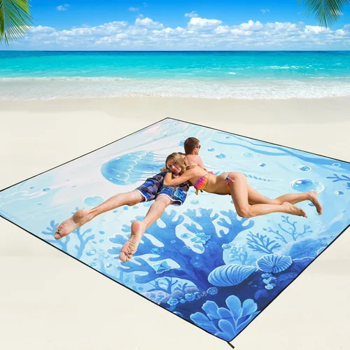 Miniatura 7 de WIWIGO Manta de playa impermeable a prueba de arena tapete de playa 79" X 83"/10'x9' para 2-8 adultos, de secado rápido, tapete de picnic al aire