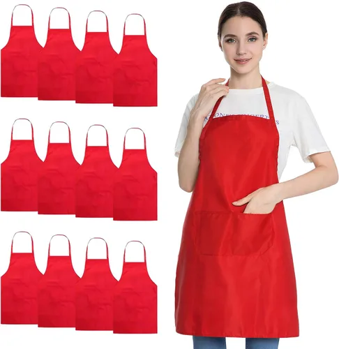 Miniatura 10 de Delantal con babero negro para mujeres, hombres, adultos, chef, paquete de 12 delantales de cocina a granel con bolsillos para cocinar, hornear