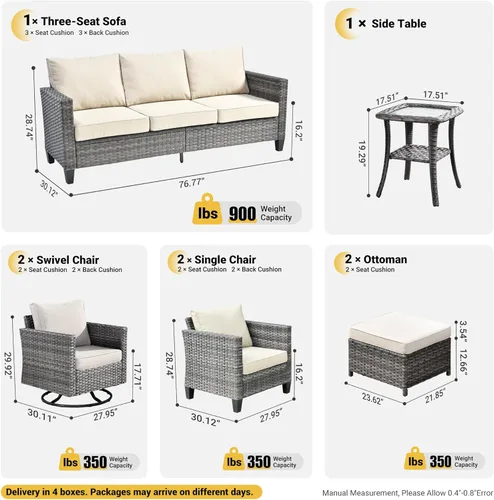Miniatura 8 de ovios Juego de muebles de patio de 8 piezas, sofá de mimbre para exteriores con sillas giratorias, mecedora con cojines cómodos, juego de Beige