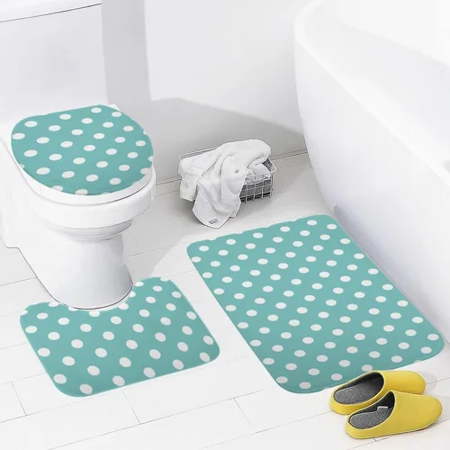 Miniatura 3 de Juego de 3 alfombras de baño con diseño de lunares, color azul aguamarina, antideslizante, con contorno en forma de U y tapa de inodoro