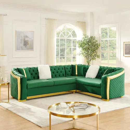 Miniatura 19 de KEIKI Sofá Chesterfield de terciopelo de lujo de gran tamaño de 81 pulgadas con decoración de acero inoxidable dorado, sofá de 3 plazas
