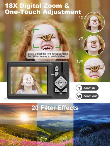 Miniatura 6 de Cámara digital para niños, adolescentes y principiantes – 48MP FHD 1080P, zoom digital 18X antivibración, LCD de 2.83 pulgadas + tarjeta de 32 GB