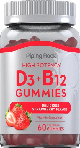 Piping Rock Gomitas de vitamina D3 y B12 | 60 unidades | Suplemento para mujeres y hombres | Alta potencia | Sabor a fresa | Vegetariano, sin OMG,