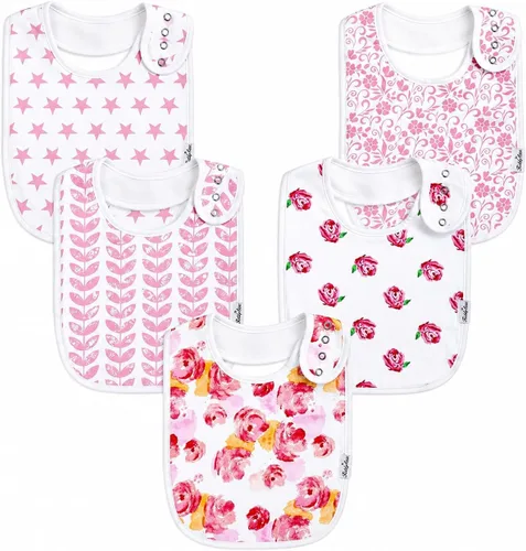 KiddyStar Drool Bibs for Babies – Organic, Unisex, Soft Absorbent Teething Bibs with Adjustable Snaps Paquete de 5 baberos florales