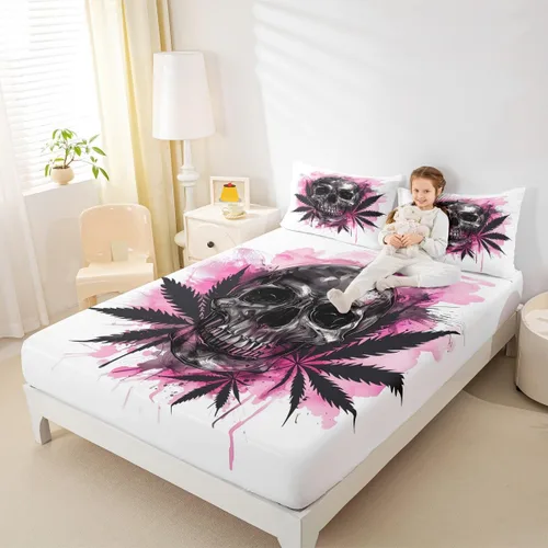 Miniatura 26 de Erosebridal Sábanas de cama de polilla de la muerte, sábana bajera ajustable de calavera gótica, tamaño individual, sábanas florales de flores