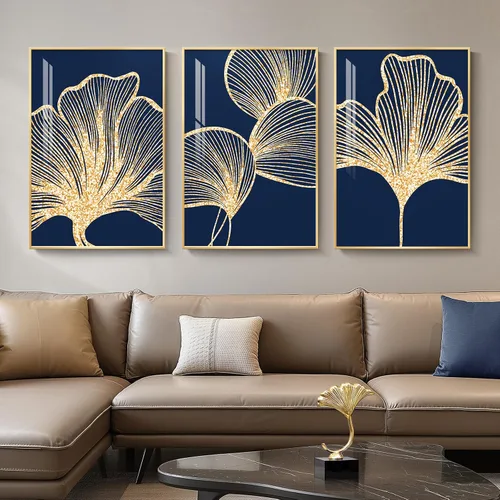Miniatura 45 de Arte de pared moderno enmarcado en blanco y negro, 3 piezas de impresiones contemporáneas grandes para paredes, juego de 3 imágenes de hojas doradas