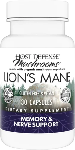 Host Defense Mushrooms Lion's Mane - Suplemento de apoyo para la salud cerebral para el enfoque y la función de la memoria - Suplemento de apoyo