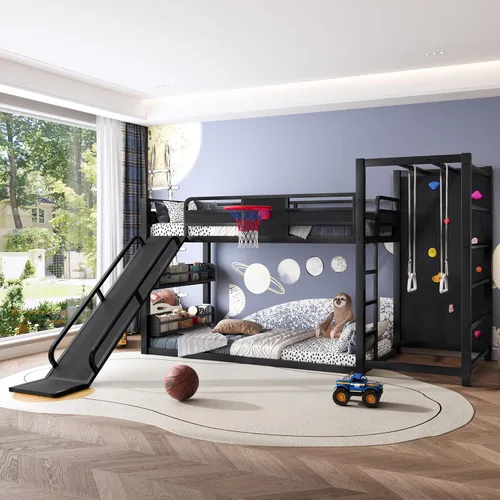 Miniatura 3 de Bellemave Litera de tamaño individual con aro de baloncesto, anillos de dominadas y pared de escalada, litera individual con tobogán y estantería