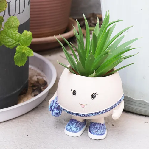 Smily Face Maceta con bonita bolsa de resina para cadena de perlas, macetas únicas para suculentas con agujero de drenaje para plantas de interior y