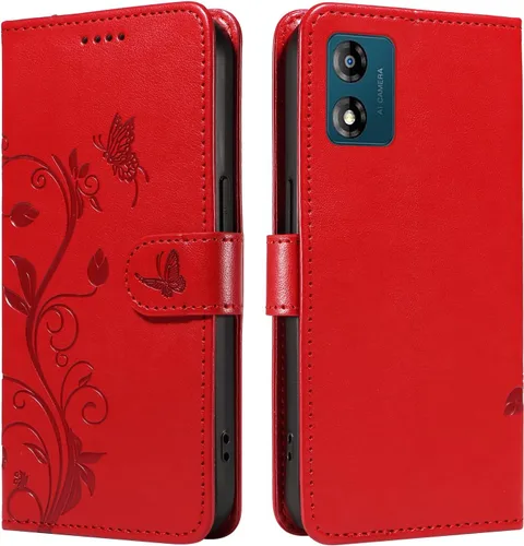 Miniatura 53 de Funda para Motorola Moto E22/E22i, piel sintética, con tarjetero y correa para la muñeca, a prueba de golpes, funda magnética para Motorola Moto Rojo