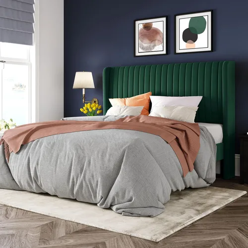 Miniatura 22 de Allewie - Base de cama tamaño King con cabecera acolchada en terciopelo y diseño acanalado vertical; plataforma de cama tapizada; listones de madera