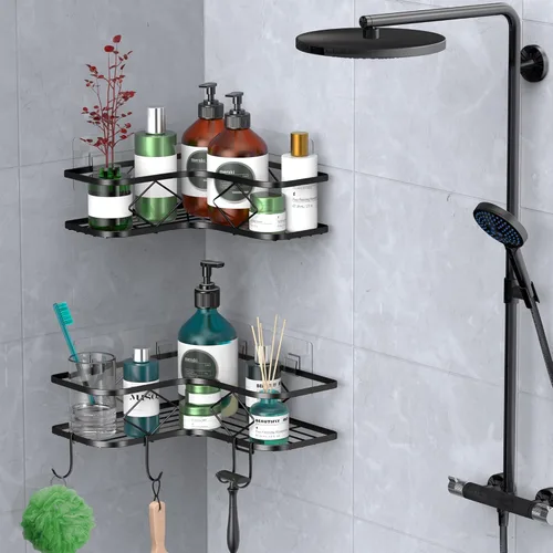 Miniatura 7 de Organizador de ducha grande de esquina, paquete de 2 estantes organizadores adhesivos de ducha para baño, sin taladrar, a prueba de óxido