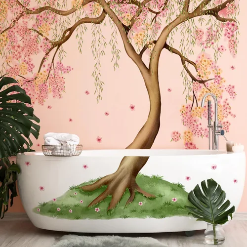 Miniatura 3 de Calcomanías de Pared Grandes de Árbol de Cerezo Rosa y Amarillo con Hojas Verdes, Calcomanías de Pared Florales Grandes para Sala de Estar, Fondo