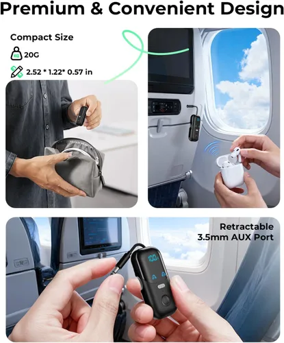 Miniatura 2 de Receptor transmisor Bluetooth 5.4 aptX adaptativo para 2 AirPods/auriculares, adaptador de audio Bluetooth 2 en 1 con micrófono y pantalla LED