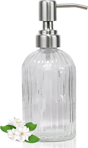 Miniatura 16 de Dispensador de jabón verde de 14 onzas para baño, paquete de 2, dispensadores de jabón de manos de vidrio transparente con bomba de acero