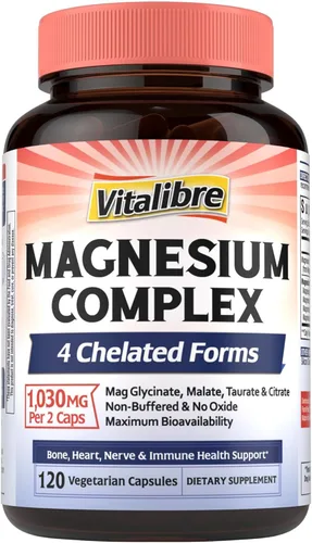 Vitalibre Suplemento complejo de magnesio 4 en 1 de 1030 mg, absorción maximizada, malato, taurato y citrato, sin tamponar, apoyo óseo, corazón,