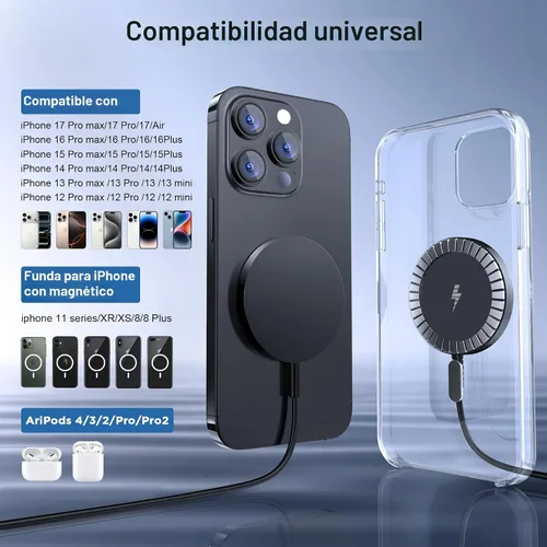 Miniatura 2 de Cargador inalámbrico magnético para iPhone: compatible con cargador Magsafe iPhone 17 16 15 14 13 12 Series y Airpods 4 3 2 Pro Fast 15W Max carga
