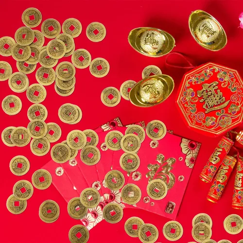 Miniatura 4 de Boao 100 Piezas Monedas Chinas Monedas de Año Nuevo Chino Feng Shui Monedas I-Ching Ornamento para Riqueza y Buena Suerte (1.1 Pulgadas)