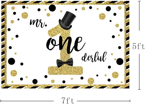 Miniatura 4 de MEHOFOND Mr Onederful - Fondo de cabina de estudio fotográfico negro y dorado con purpurina dorada, sombrero negro, pajarita para decoración