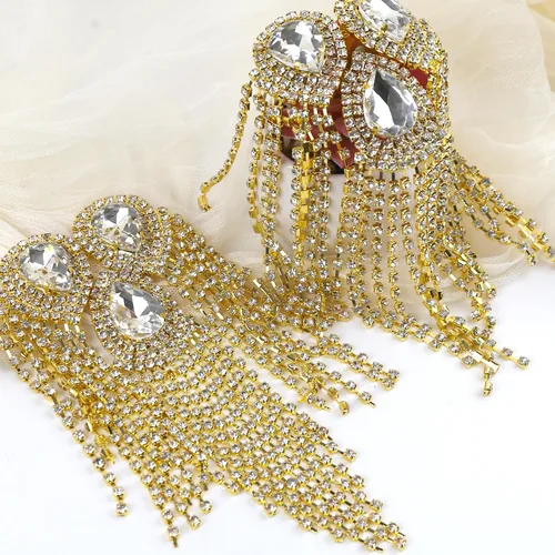 Miniatura 4 de 2 piezas de charreteras de hombro con flecos de cristal, diseño de gota de agua dorada, apliques de diamantes de imitación para ropa de mujer