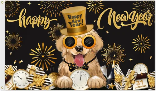 Miniatura 8 de SENSEVEN Bandera de perro Golden Retriever de 3 x 5 pies, de doble cara, pancarta de invierno para exteriores, Año Nuevo, reloj de fuegos