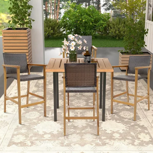 Miniatura 5 de Tangkula Juego de 4 taburetes de bar de ratán para patio, sillas de bar de mimbre de polietileno para exteriores con reposabrazos, taburetes de bar
