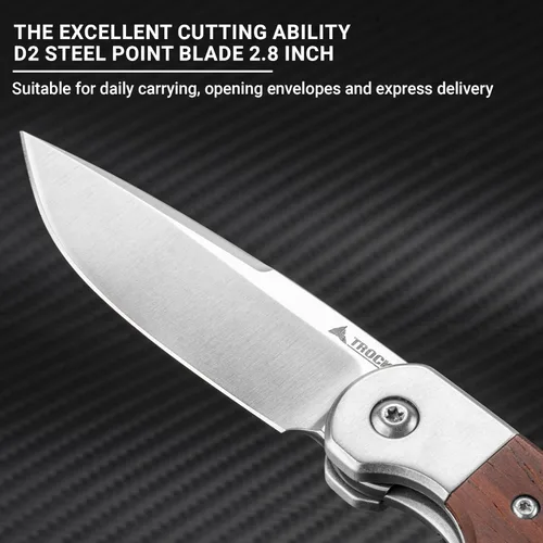 Miniatura 2 de Cuchillo pequeño EDC de 2.8 pulgadas, hoja de punta de acero D2, mango de madera, cuchillo de bolsillo plegable para hombres y mujeres, para llevar
