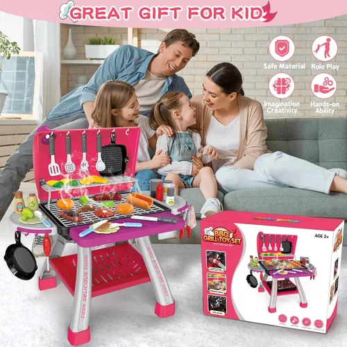 Miniatura 7 de Juguetes de Cocina para Niños, Parrilla de Barbacoa para Niños Juego de Cocina con Humo, Sonido y Luz, Juguetes de Comida Rosa Juego de Cocina