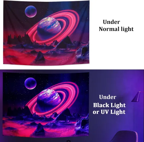 Miniatura 5 de Leofanger Tapiz de planeta trippy con luz negra, tapiz de pared de montaña reactivo a los rayos UV, tapiz espacial de galaxia, cielo nocturno