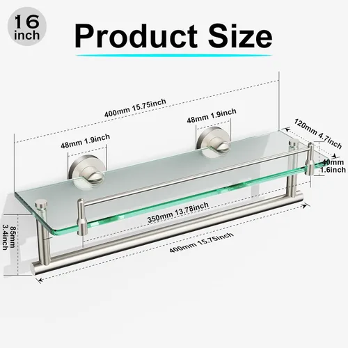 Miniatura 3 de Estante de baño flotante de vidrio templado con toallero, níquel cepillado y acero inoxidable, montaje en pared de 16 pulgadas
