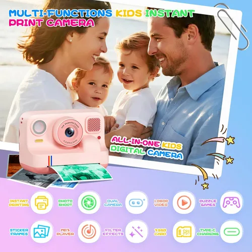 Miniatura 2 de Cámara de impresión instantánea para niños, regalos de cumpleaños de Navidad para niñas y niños de 3 a 15 años, cámara de video digital portátil Rosa