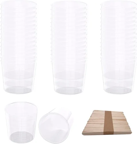 Paquete de 30 vasos graduados de plástico de 2 onzas, vasos transparentes de 2 onzas con 30 varillas de madera para mezclar pintura, manchas, epoxi,