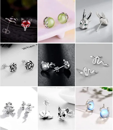 Miniatura 7 de Juego de 20 pares de aretes de ópalo de acero inoxidable para mujeres y niñas, animales arco iris, mariquita, abeja, mariposa, gato, serpiente