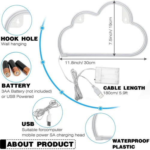 Miniatura 2 de YouOKLight Letrero de nube de neón, luz LED de nube, luces de noche, luces de neón alimentadas por batería o USB, para decoración de pared