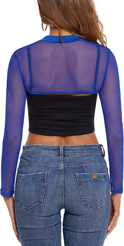 Miniatura 6 de Avidlove Camiseta corta de malla para mujer, cuello alto falso, manga larga, transparente, sexy, ropa de club