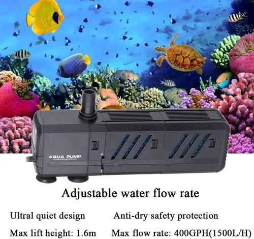 Miniatura 2 de MQ Bomba de agua sumergible de 400 GPH (1500 L/H, 15 W) con filtros y boquillas de agua, ultra silenciosa para acuario, pecera, estanque, fuente